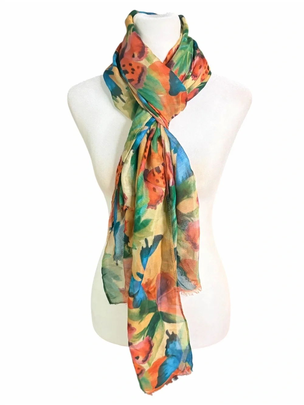 Patricia Nash Floral and Butterflies Watercolor Scarf in Orange, Blue & Green